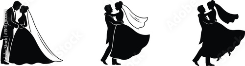 Wedding couple dancing silhouettes romantic celebration illustration
