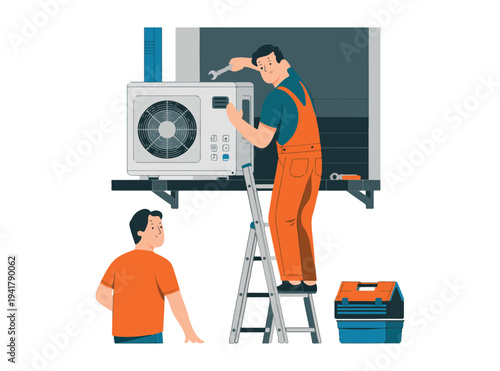 A skilled technician on a ladder carefully repairs an outdoor air conditioning unit while another person watches