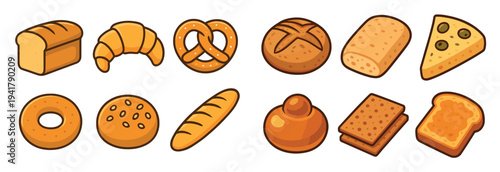 Various baked goods and fresh bread products collection featuring different types of pastries, loaves, and rolls in a charming cartoon style.