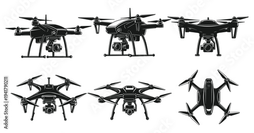 Vector illustration of six quadcopter drones with mounted cameras, shown from different angles, symbolizing aerial photography, videography, surveillance, and drone technology themes