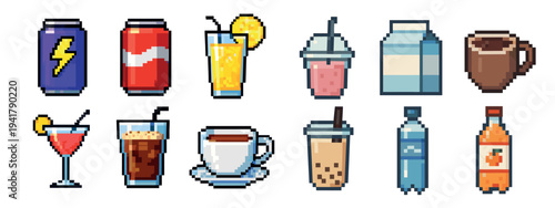 Pixel art beverages collection featuring a diverse range of refreshing drinks like coffee, soda, juice, and cocktails in a charming retro digital style.
