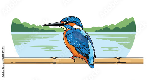 A colorful kingfisher perched on a bamboo branch near water