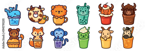 Cute cartoon animal characters drinks and desserts collection featuring various adorable creatures enjoying sweet treats and refreshing beverages in a playful, vibrant illustration style.