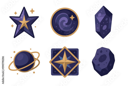Various celestial elements and cosmic symbols are beautifully illustrated in a flat design style, perfect for mystical and astrological themes.