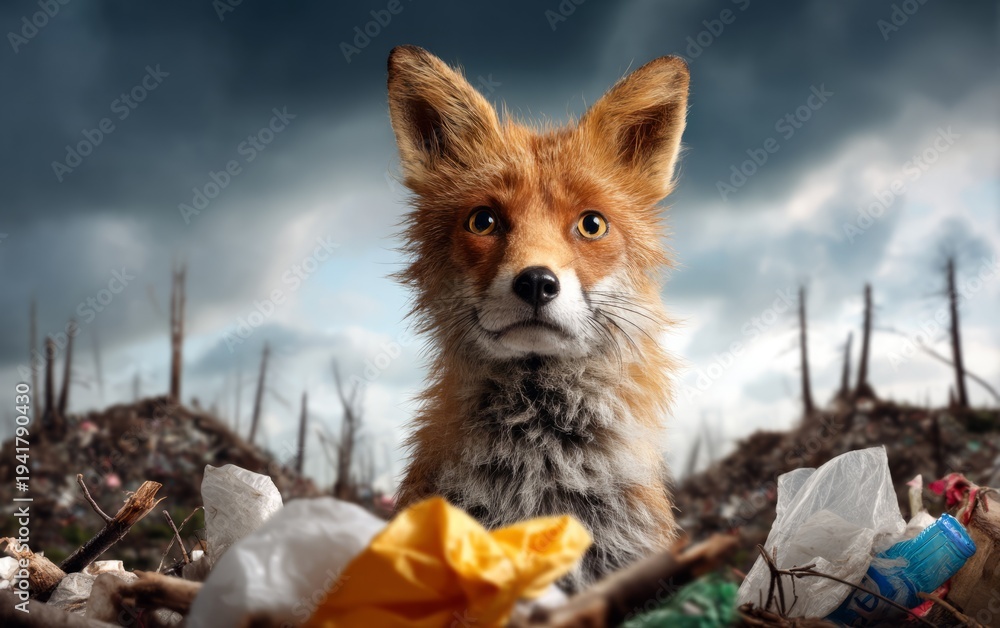 Obraz premium Sad Fox with Forlorn Gaze in a Wasteland Surrounded by Trash