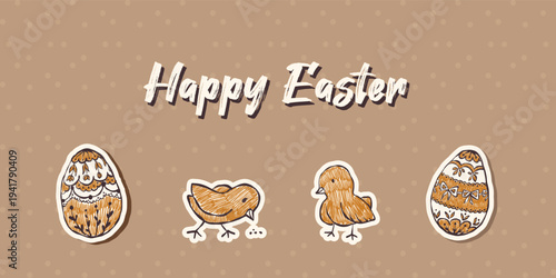 Hand drawn Easter chicken character banner with kraft paper texture. Retro doodle clipart set ideal for invitations, kids designs, banners, and seamless patterns.
