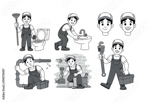 Collection of cartoon plumbers performing various plumbing tasks like fixing pipes and working on toilets