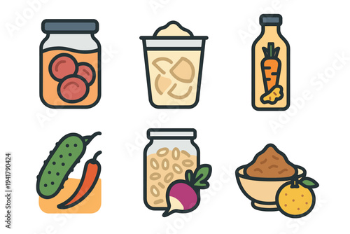 Food ingredients and healthy produce icons collection featuring various vegetables, fruits, and prepared items in jars, bottles, and bowls, representing a diverse culinary theme.