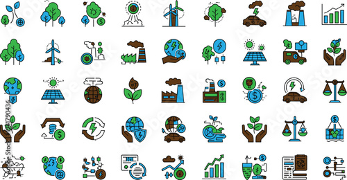Sustainable energy and environmental technology icon set with renewable power ecology green economy climate and innovation