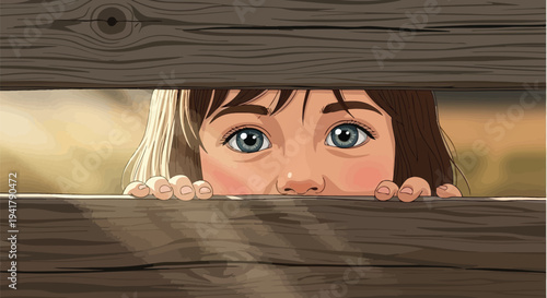 A young girl peeks through wooden slats with a curious expression