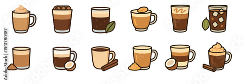 Various coffee and tea drinks are presented in a charming cartoon style, featuring different flavors and toppings, perfect for menus or digital designs.
