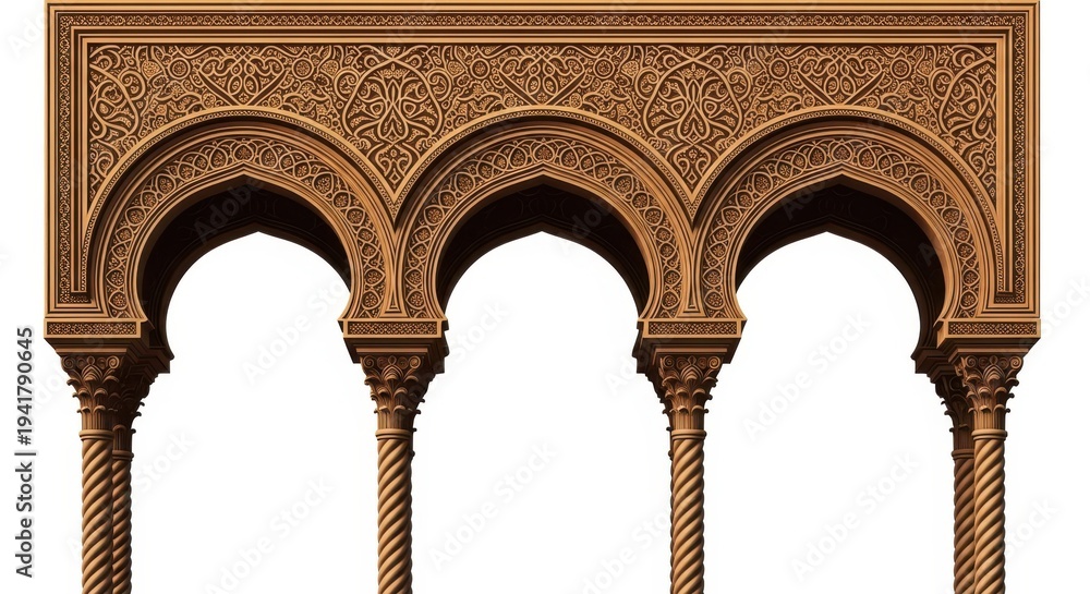 Obraz premium Intricately carved wooden archway with three pointed arches