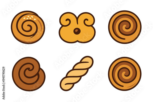 Baked goods vector illustrations showcasing a delightful collection of sweet pastries, buns, and twisted breads in various appetizing shapes.