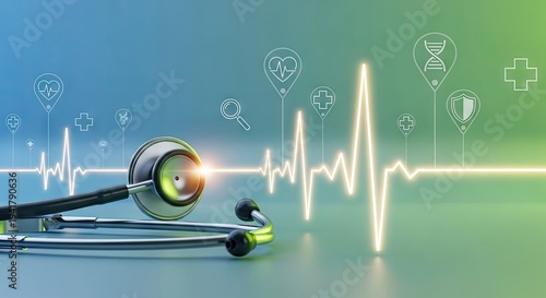 Medical stethoscope with glowing heartbeat line and healthcare icons background