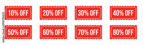 Red Discount Stickers White Text Various Percentage Off Deals White Background Shopping Promotions Sales Retail