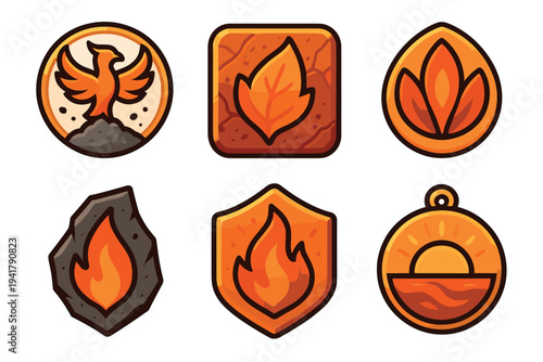 Elemental nature game icons collection featuring phoenix, leaf, fire, and sun symbols in a vibrant cartoon style for various digital applications.
