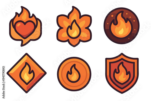 Six stylized fire flame icons collection set featuring various shapes like heart, flower, shield, and diamond, rendered in a vibrant cartoonish style.