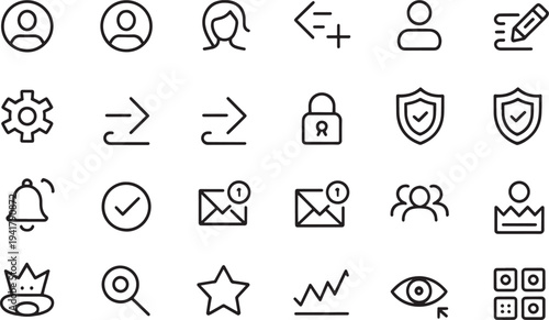 Set of black and white representing various user and security actions profile person