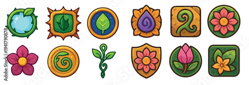 Stylized nature-themed game icons collection featuring colorful cartoon illustrations of leaves, flowers, vines, and organic shapes perfect for digital design projects.