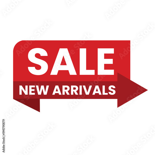 Bold Red Arrow Pointing Right Sale New Arrivals White Text Plain Background Urgency Excitement Promotional Retail