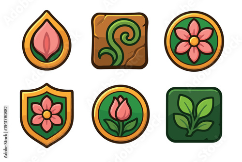 Nature-themed cartoon icons featuring various plants and flowers in a vibrant, playful digital art style, perfect for game development or mobile applications.