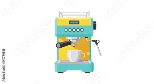 Colorful espresso machine with a white cup positioned for brewing coffee