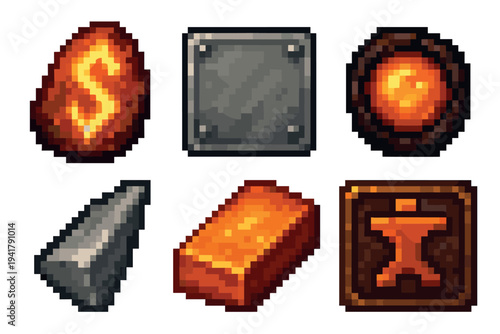 Pixel art game assets, including glowing orbs, metal ingots, and an anvil icon, are displayed as essential elements for crafting and adventure in a retro-style video game.