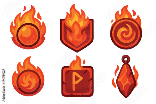 Six stylized fire icons with various shapes and designs, including shields, circles, and a gem, all engulfed in vibrant orange and yellow flames, perfect for game assets or fantasy themes.