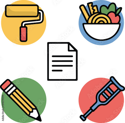 Five circular icons set with document bowl crutch pencil and paint roller connected in round layout on black background