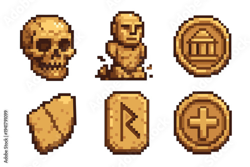 Pixel art game assets collection featuring various golden items like a skull, statue, coins, and runes, perfect for retro video game design.