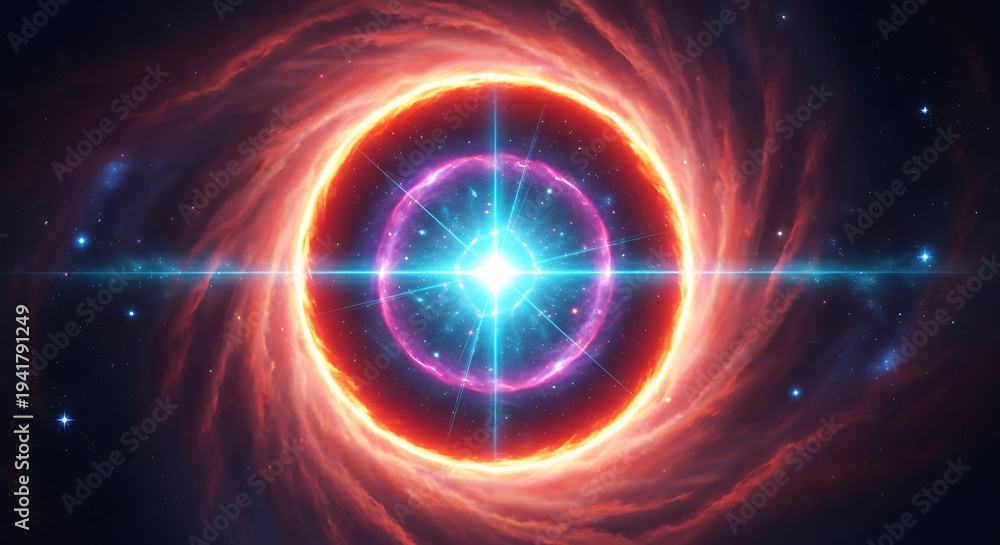 Fototapeta premium Stunning visualization of an energetic blue star system radiating intense light through cosmic dust