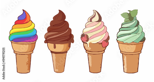Five ice cream cones vector illustration with colorful swirl desserts isolated on white