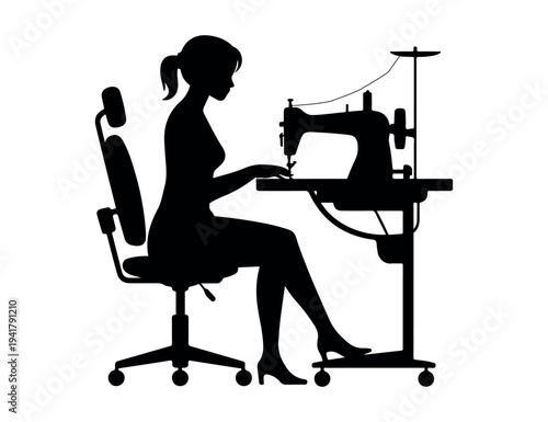 Elegant silhouette of a woman operating a sewing machine on a table in an office chair