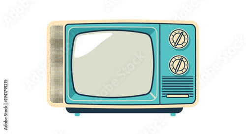 Vintage teal television set with analog dials and a blank screen