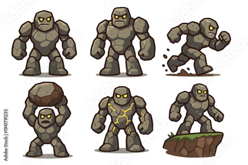 Cartoon rock golems are illustrated in a collection of dynamic poses, demonstrating their powerful and mystical nature as fantasy game characters.