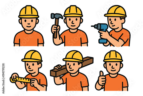 Construction worker character illustrations showing various poses and tools, including a hammer, drill, and measuring tape, for building and repair tasks.