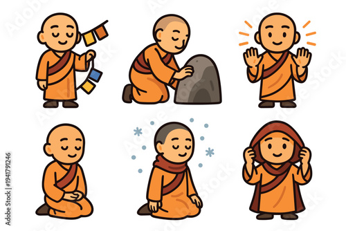Cute cartoon Buddhist monk character illustrations depicting various spiritual activities like prayer, meditation, blessings, and adapting to different weather conditions.