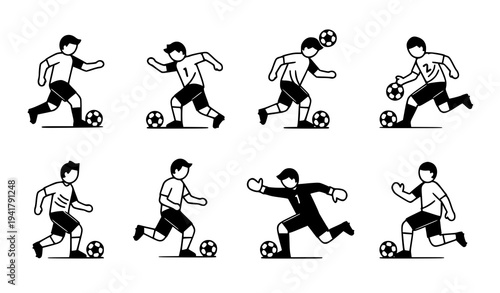 Soccer players demonstrating football skills dribbling passing shooting black and white vector illustration