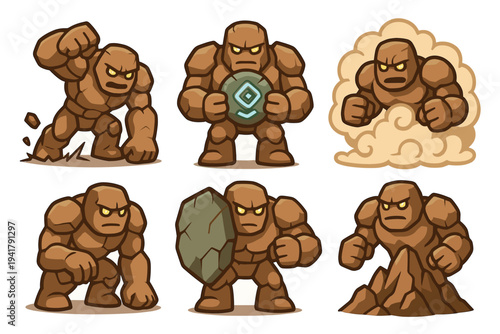 Cartoon rock golems in various dynamic poses and actions, showcasing their powerful and elemental nature with glowing eyes and sturdy forms.