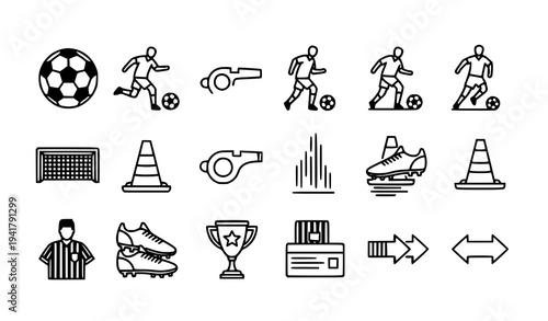 Soccer training icons black and white vector set with football skills techniques and strategy symbols