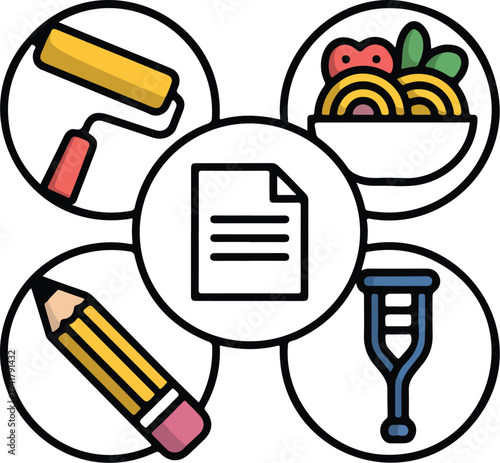 Five circular icons set with document bowl crutch pencil and paint roller connected in round layout on black background