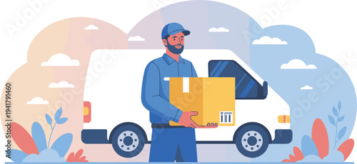Friendly Professional Courier in Blue Uniform Holding Cardboard Box Package Standing in Front of White Delivery Van Logistics and E-commerce Shipping Services Illustration