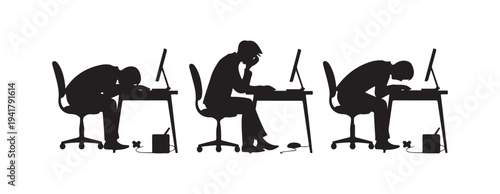 Exhausted office workers are sleeping or looking stressed at their desks with computers