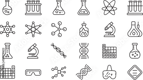Set of black and white science and laboratory including beakers, microscopes, D N A strands
