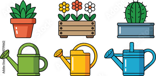 Colorful gardening icon set with potted plants flower box cactus planter and watering cans on black background