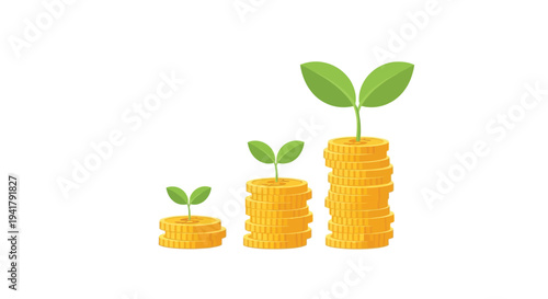 Growing wealth a plant sprouting from stacks of golden coins