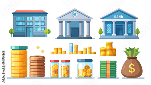 Banking and Savings Illustration Set with Coin Jars and Money Bag