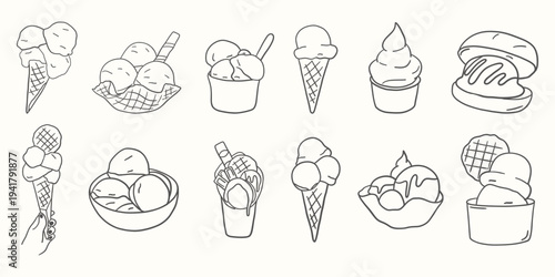 Set of hand drawn Gelato clipart. Cute Italian Gelato collection with waffle cones, cups, sundae bowls, scoops. Minimal line art summer dessert doodles