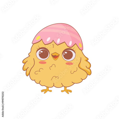 Cute Easter chick wearing broken eggshell hat, cartoon yellow baby chicken