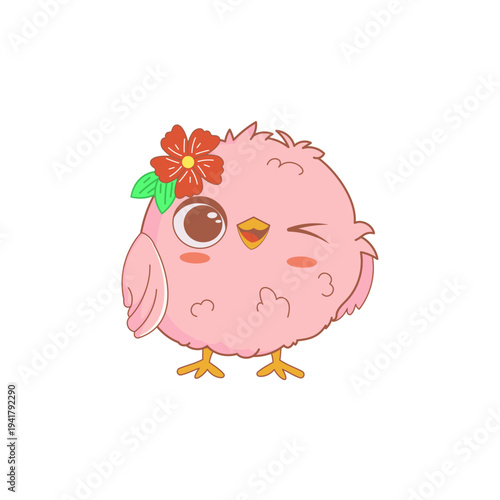 Cute Easter chick with flower, cartoon pink baby chicken winking clipart for spring holiday design